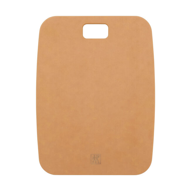 Brown cutting board with a logo on a white background