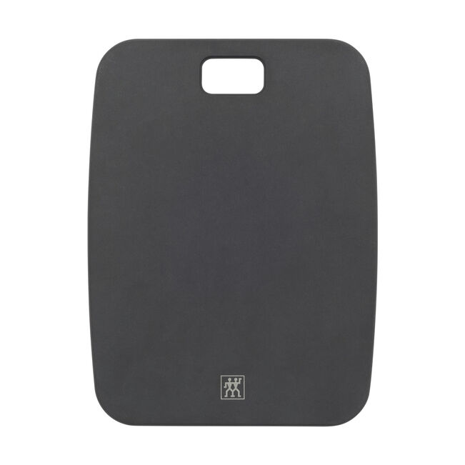 Black cutting board with a brand logo on a white background
