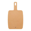 Brown cutting board with a handle on a white background