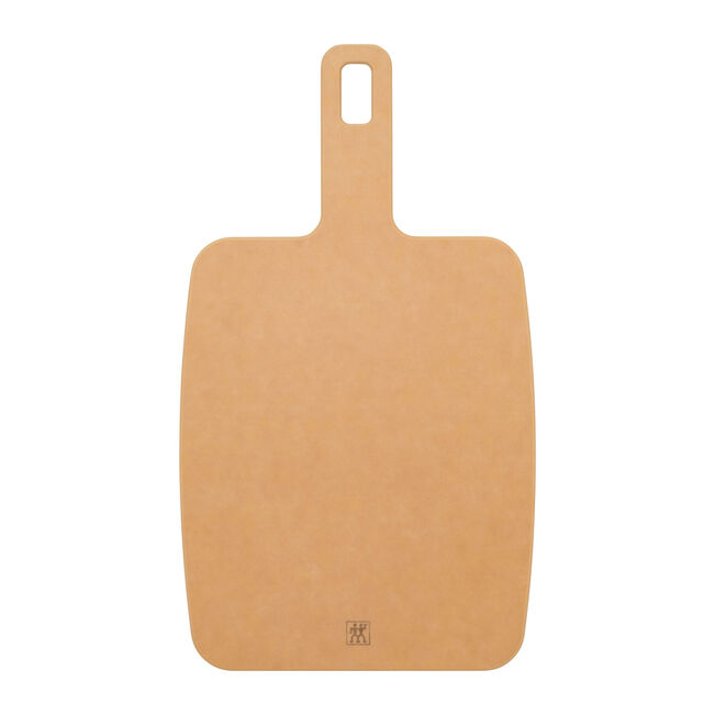 Brown cutting board with a handle on a white background