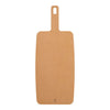 Brown cutting board with a handle on a white background