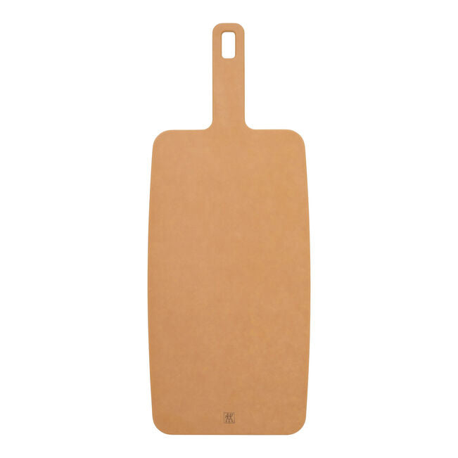 Brown cutting board with a handle on a white background