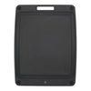 Black rectangular cutting board with deep juice groove on a white background