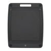 Black rectangular cutting board with deep juice groove and a handle on a white background