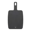 Black cutting board with a handle on a white background
