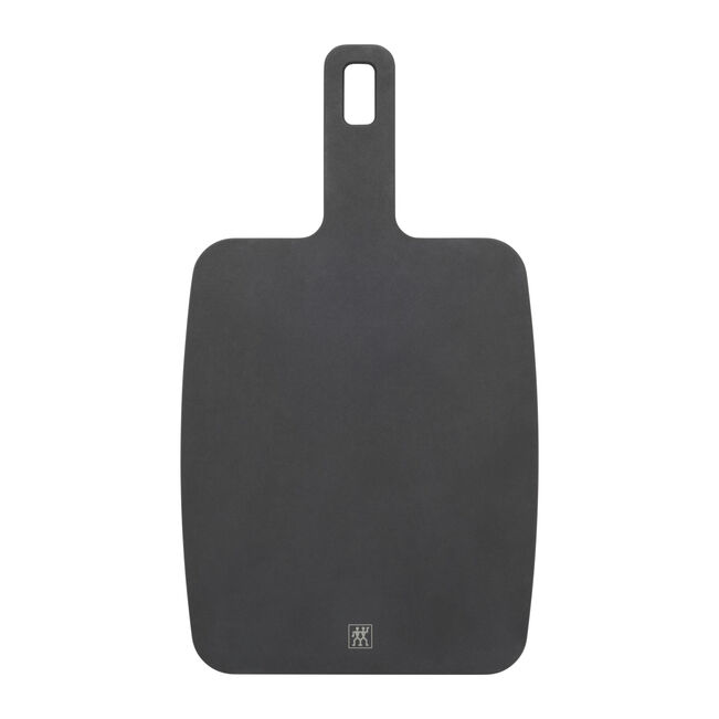 Black cutting board with a handle on a white background