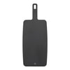 Black cutting board with a handle on a white background