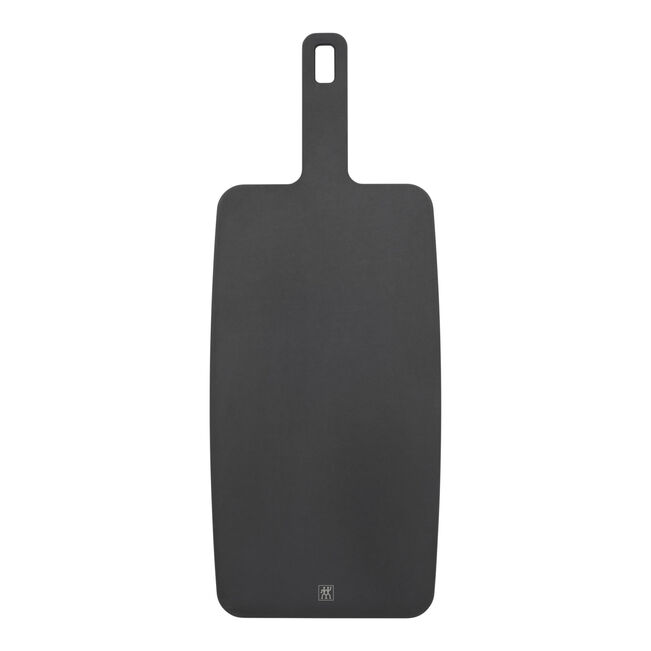 Black cutting board with a handle on a white background