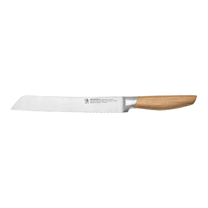 Bread knife with wooden handle on a white background