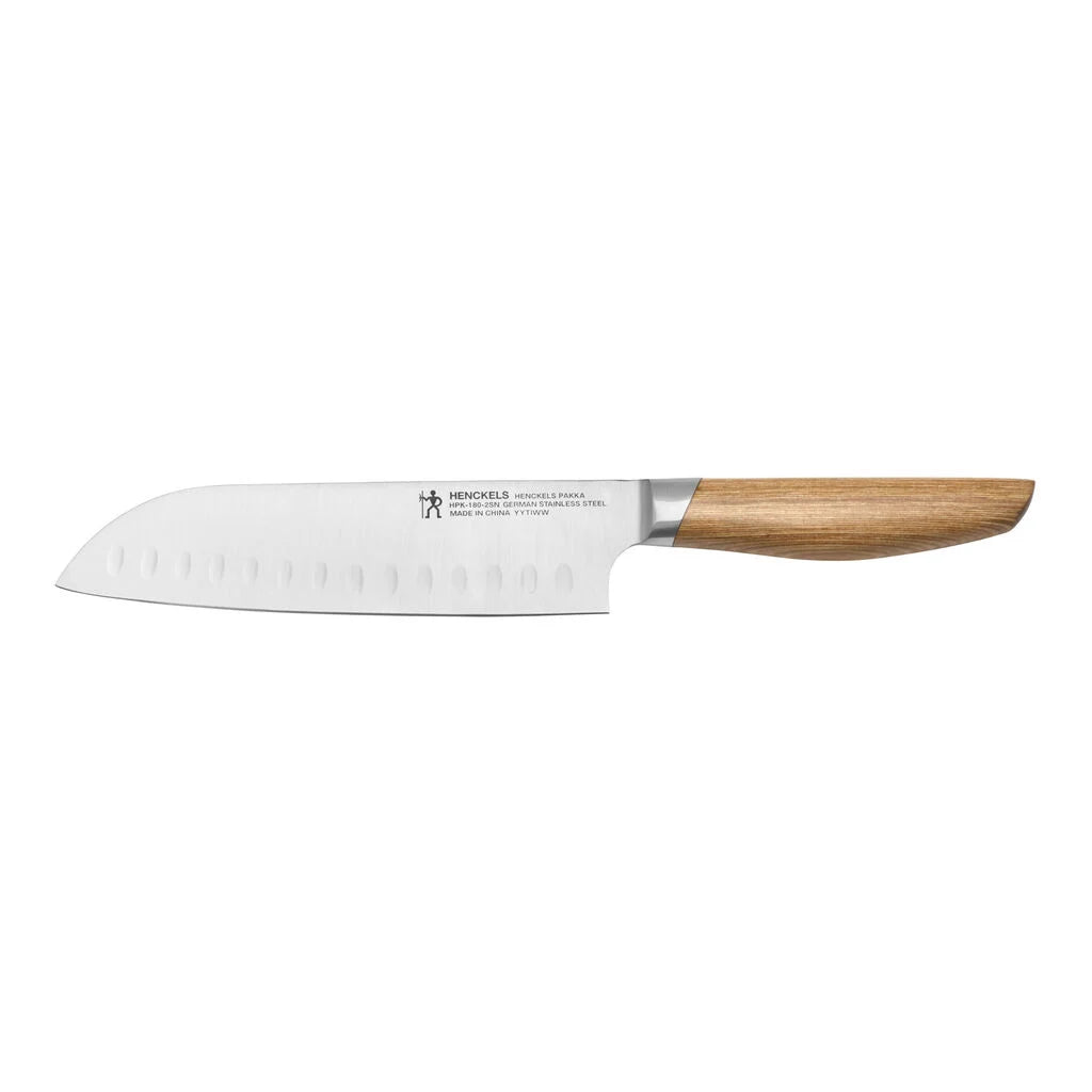 Santoku knife with a wooden handle on a white background