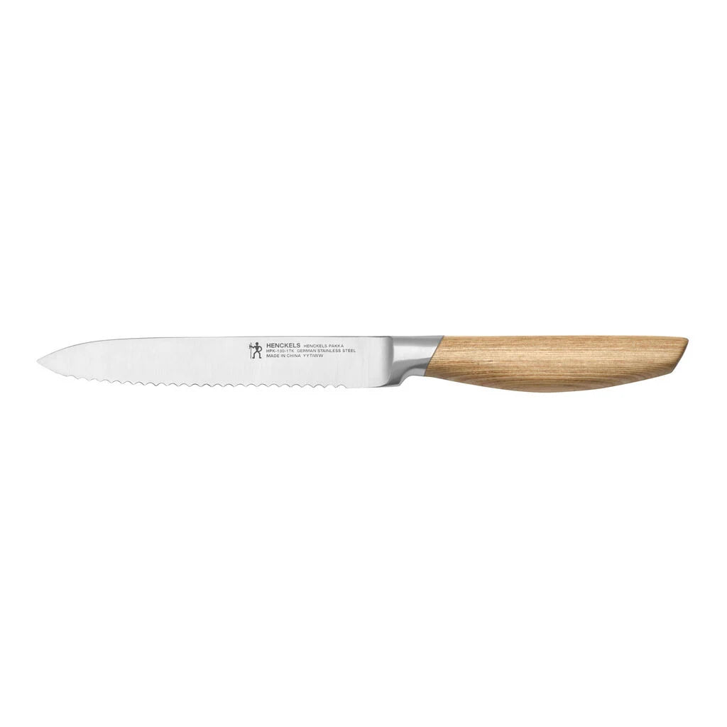 Serrated Utility knife with wooden handle on a white background