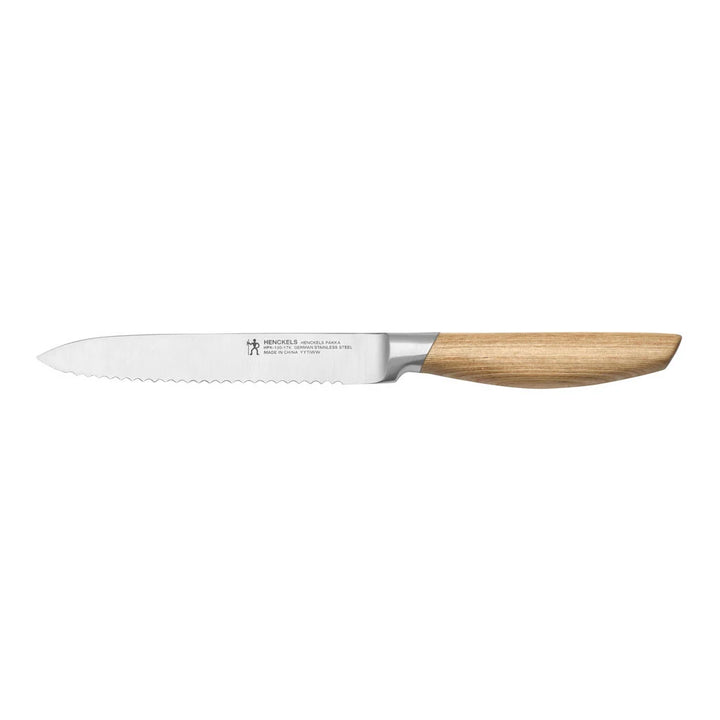 Serrated Utility knife with wooden handle on a white background