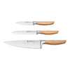 Set of three knives with wooden handles on a white background