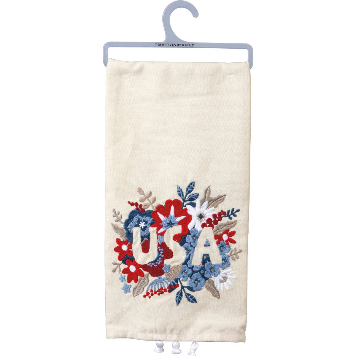 Beige towel with floral 'USA' design on a hanger