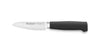 Paring knife with black handle on white background.
