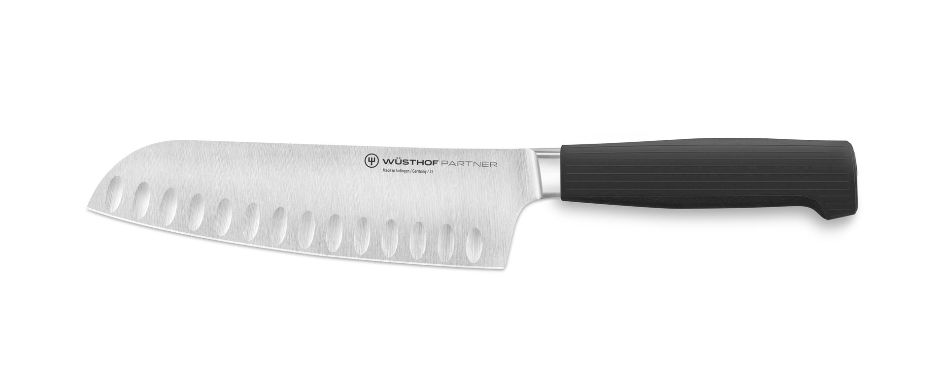 Santoku knife with black handle on a white background
