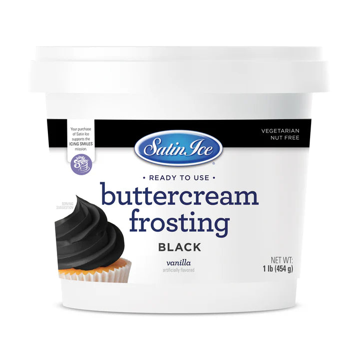 Container of Satin Ice black buttercream frosting on a white background.
