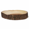 A round natural wood slice shallow bowl with a rough bark edge and a smooth light wood interior, shown on a plain white background.