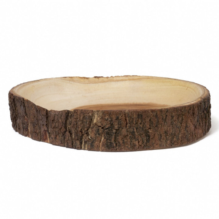 A round natural wood slice shallow bowl with a rough bark edge and a smooth light wood interior, shown on a plain white background.