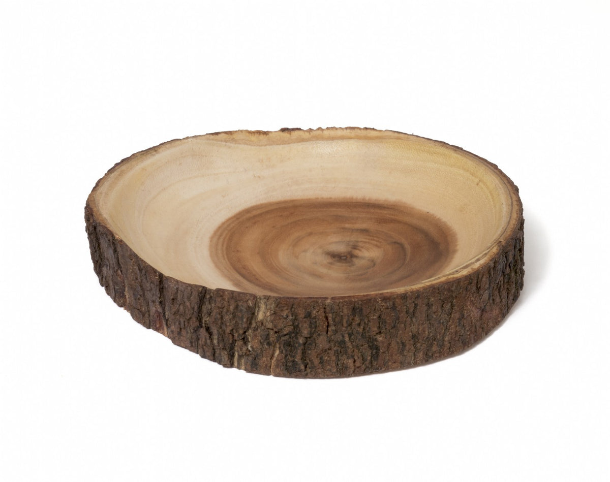 A round natural wood slice shallow bowl with a rough bark edge and a smooth light wood interior, shown on a plain white background.
