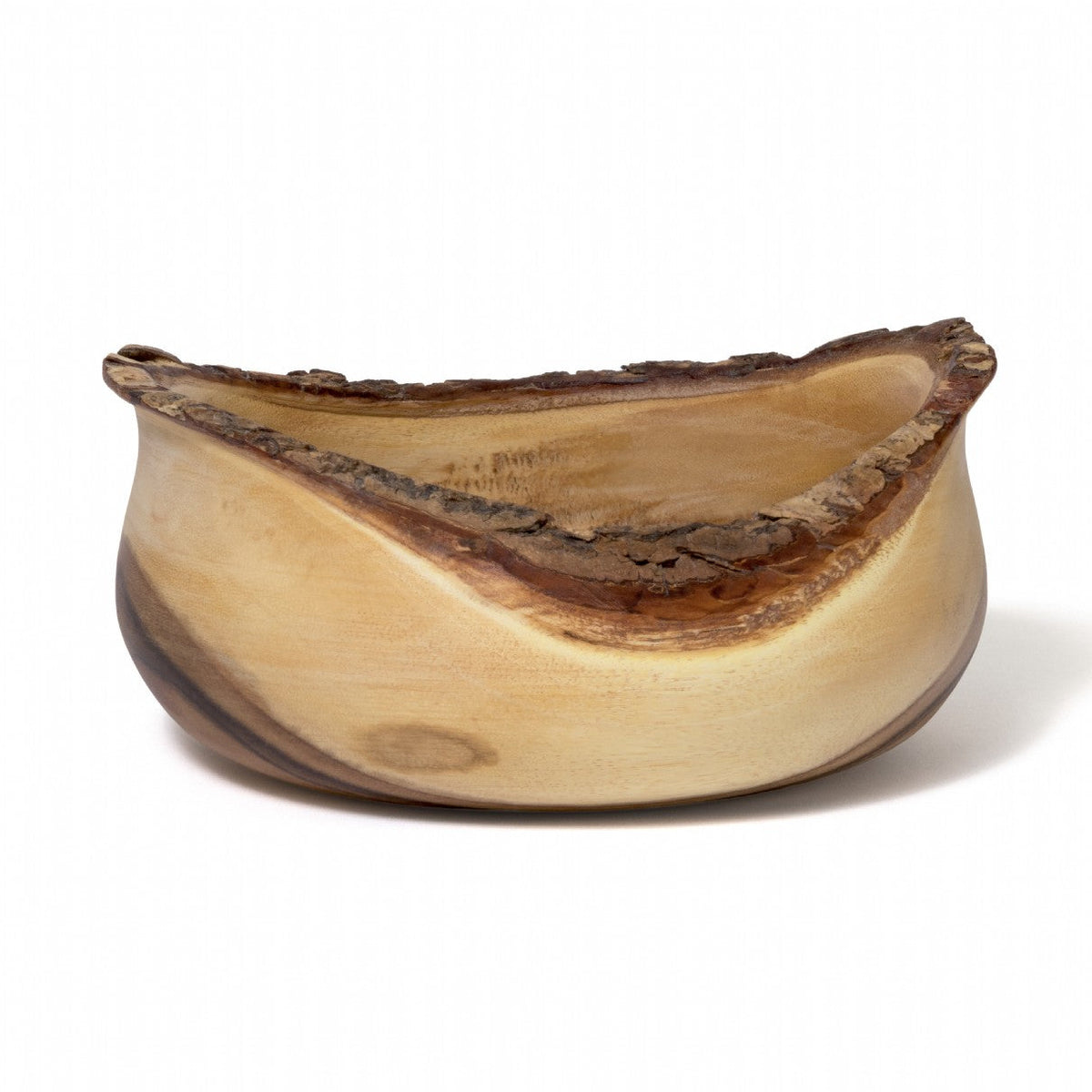 A handcrafted organic-shaped wooden bowl with a natural live edge, photographed on a clean white background.