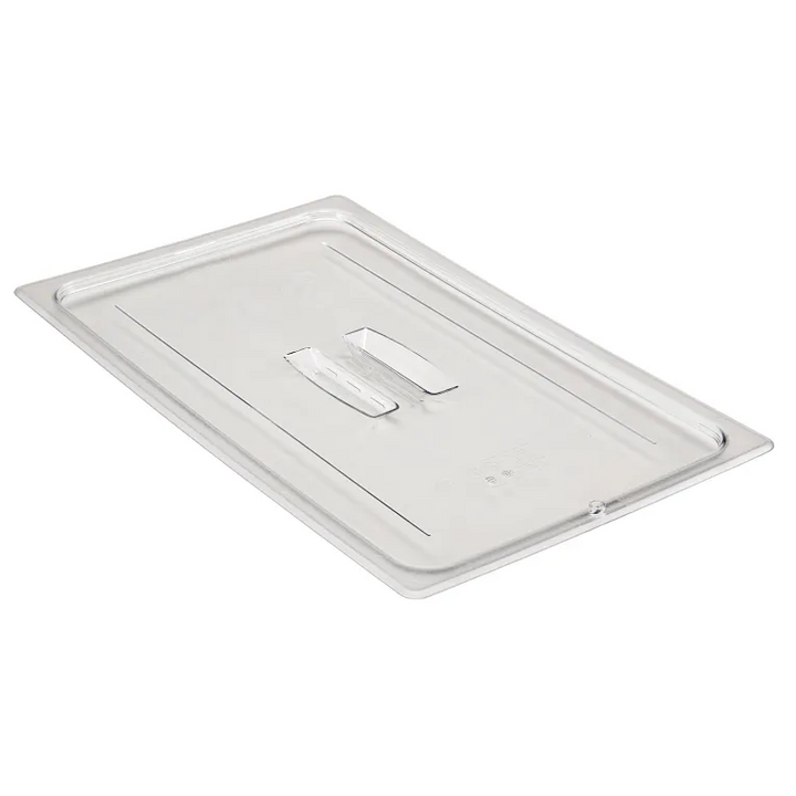 Clear plastic food container lid on a white background