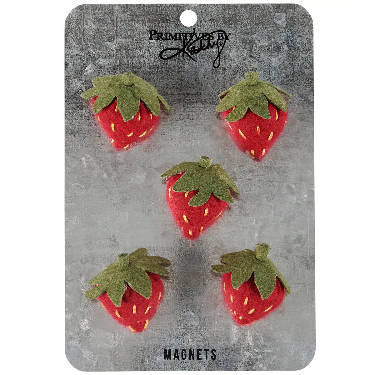 Set of strawberry-shaped magnets on a branded card