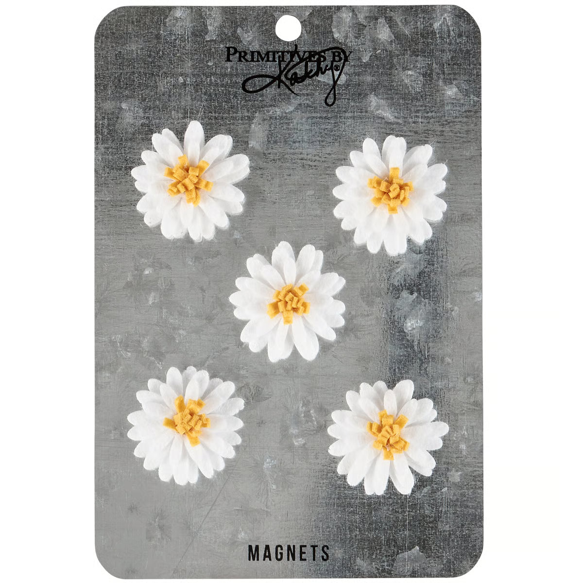 Five white daisy-shaped magnets on a gray card with 'Primitives by Kathy' branding.