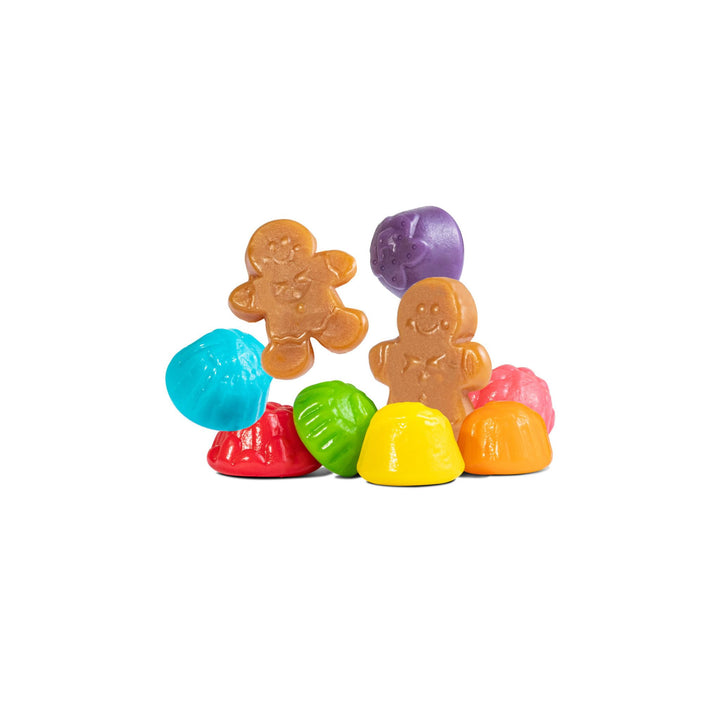 Colorful gingerbread-shaped candies on a white background