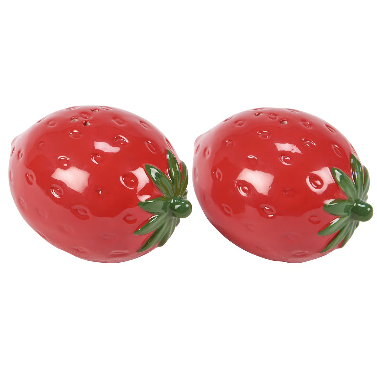 Two red strawberry-shaped salt and pepper shakers with green stems on a white background
