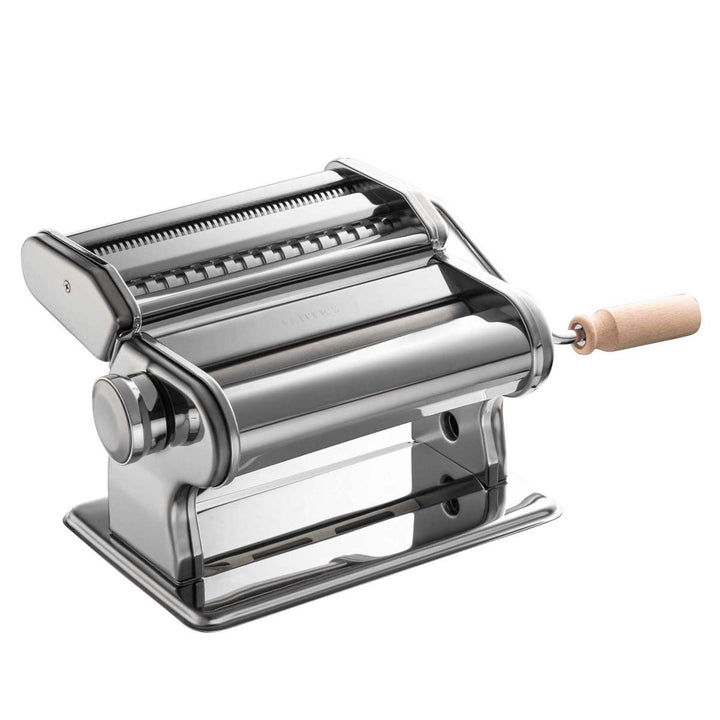 Metal pasta maker with wooden handle on a white background