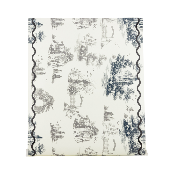 Patterned table runner with black and white design on a white background