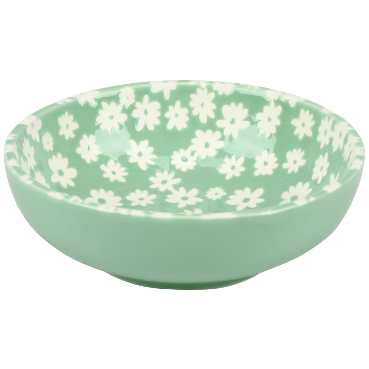 Green bowl with white floral pattern on a white background