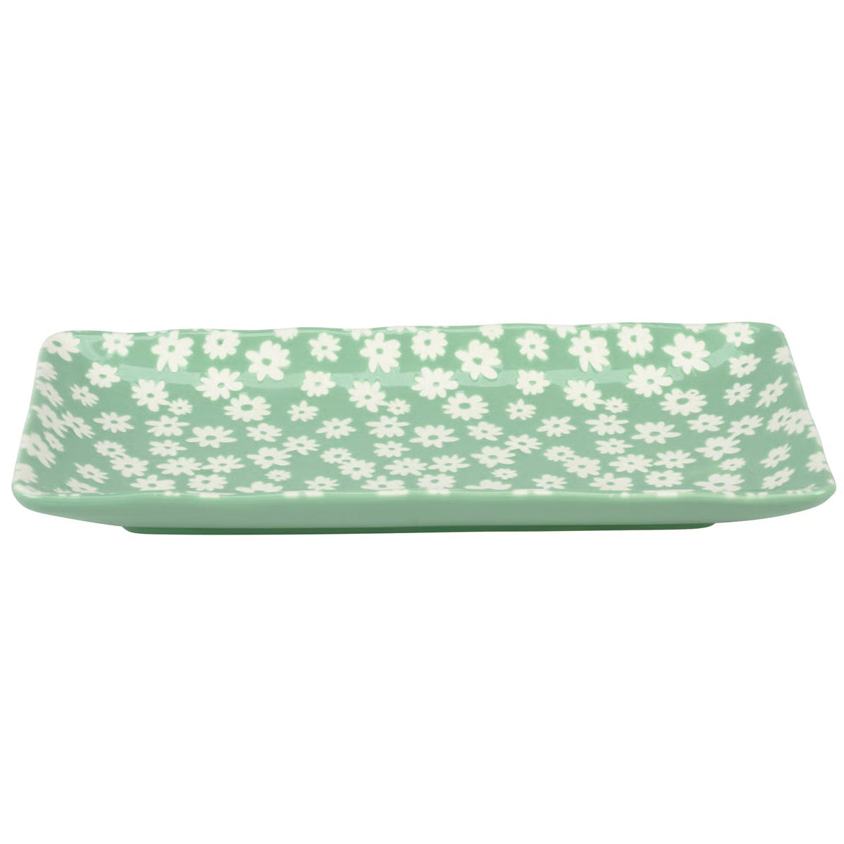 Rectangular tray with white floral pattern on a light green background