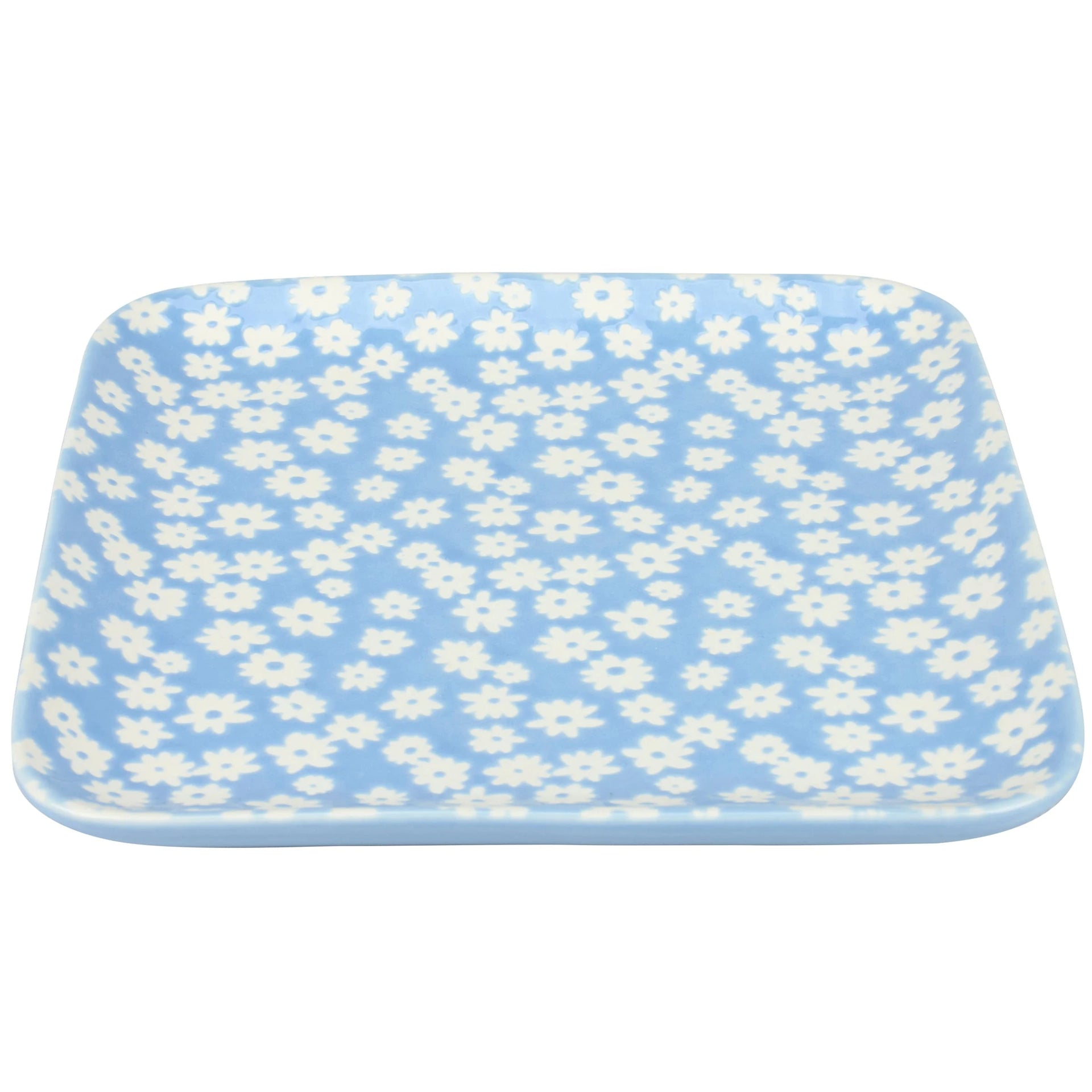 Rectangular blue tray with white floral pattern on a white background