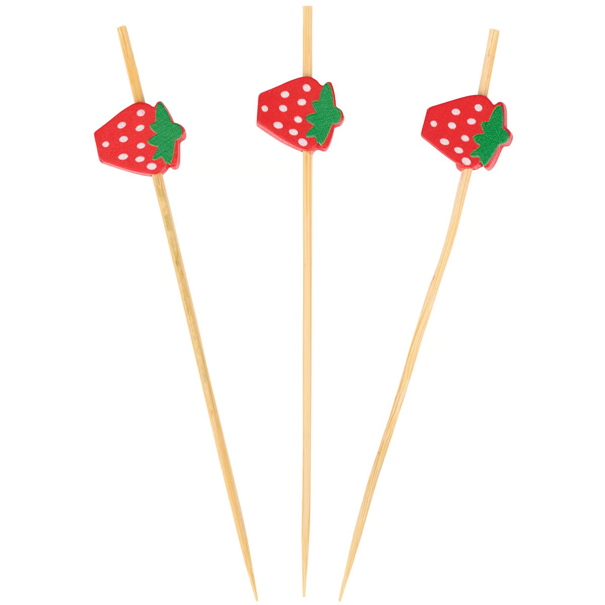 Three wooden toothpicks with strawberry-shaped ends on a white background