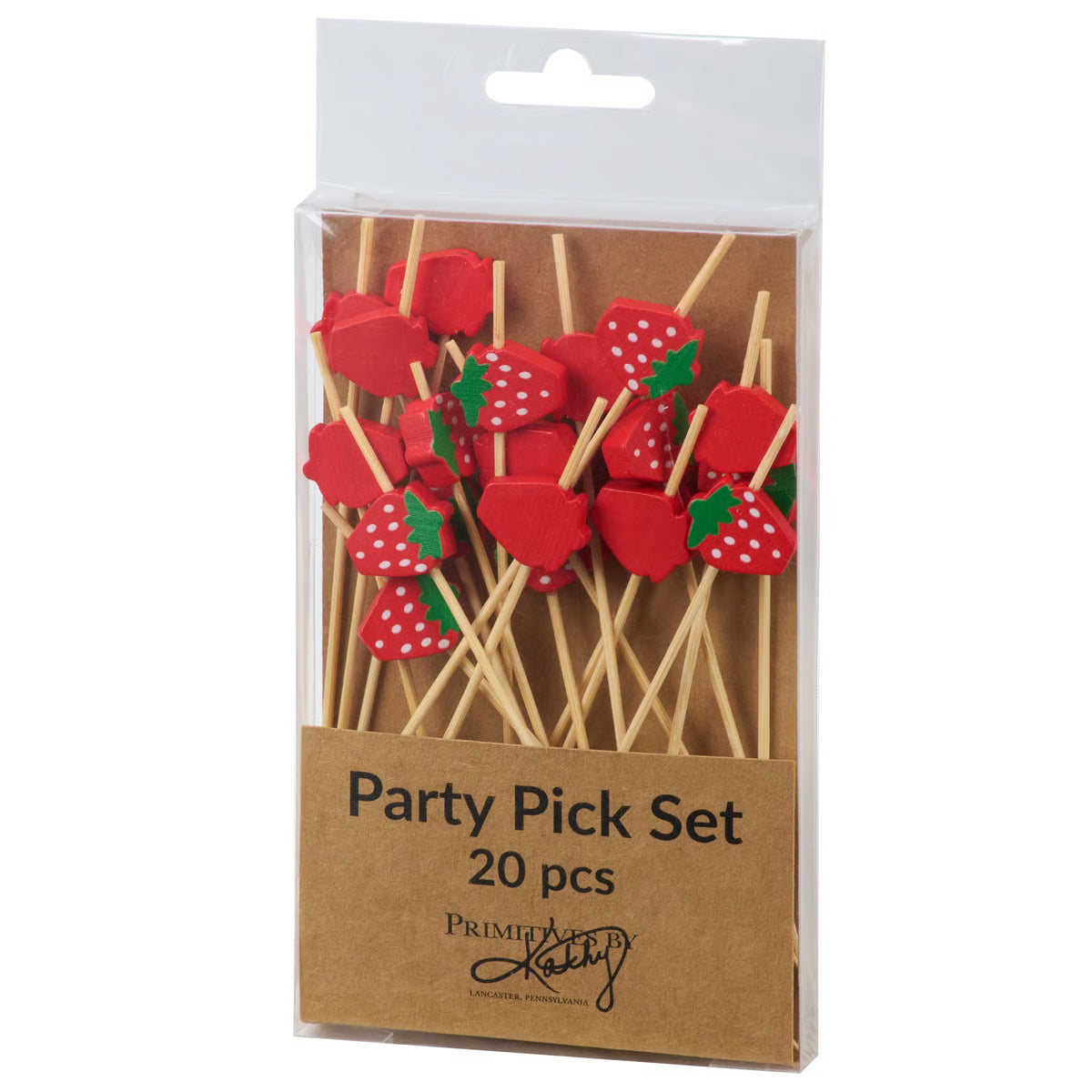 Packaged set of strawberry-themed party picks with a brown cardboard box on a white background