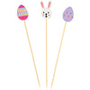 Three decorative toothpicks with Easter-themed designs on a white background
