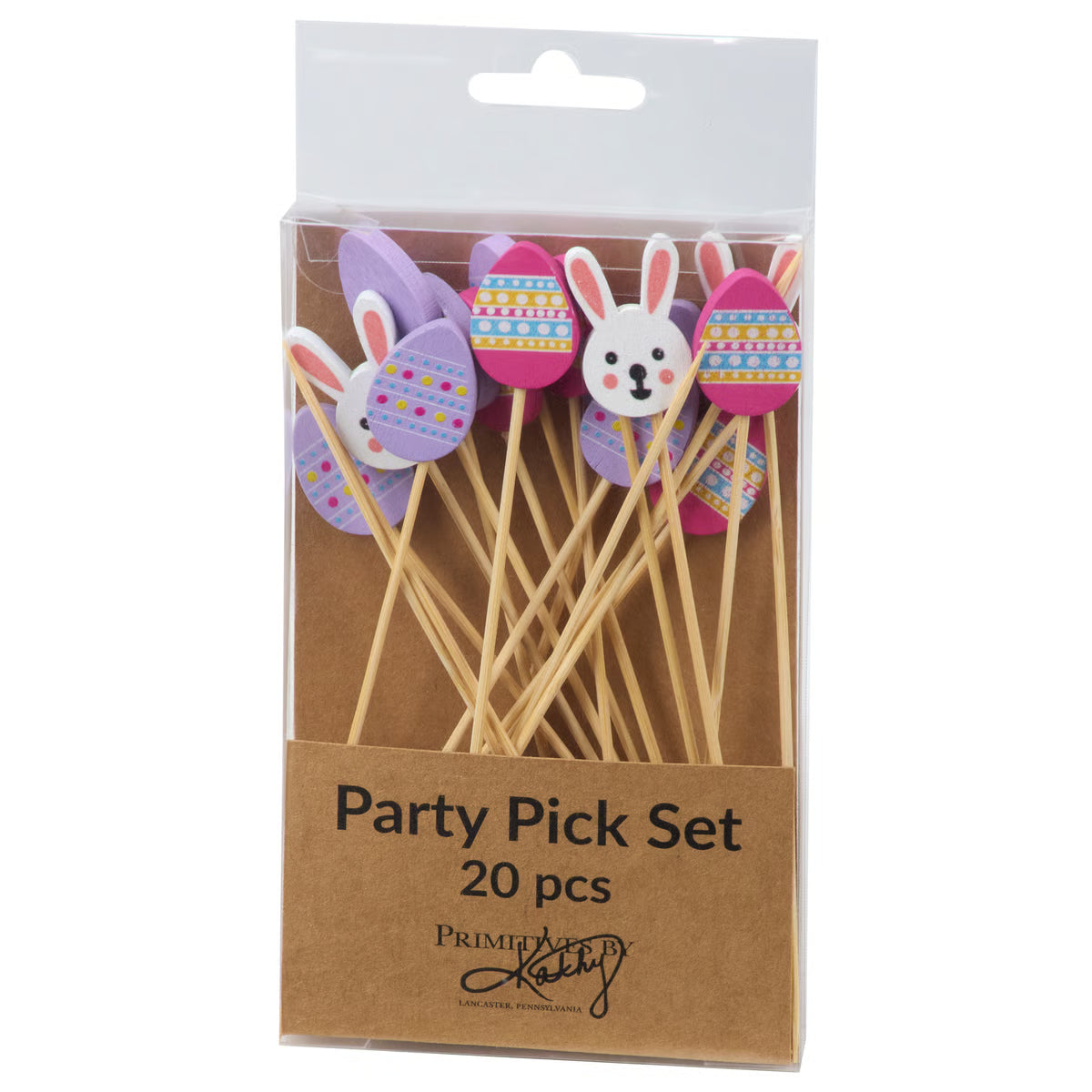 Packaged party pick set with Easter-themed designs on sticks, featuring a brown box and white background.