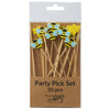 Packaged party pick set with bee designs on wooden toothpicks, brand visible.