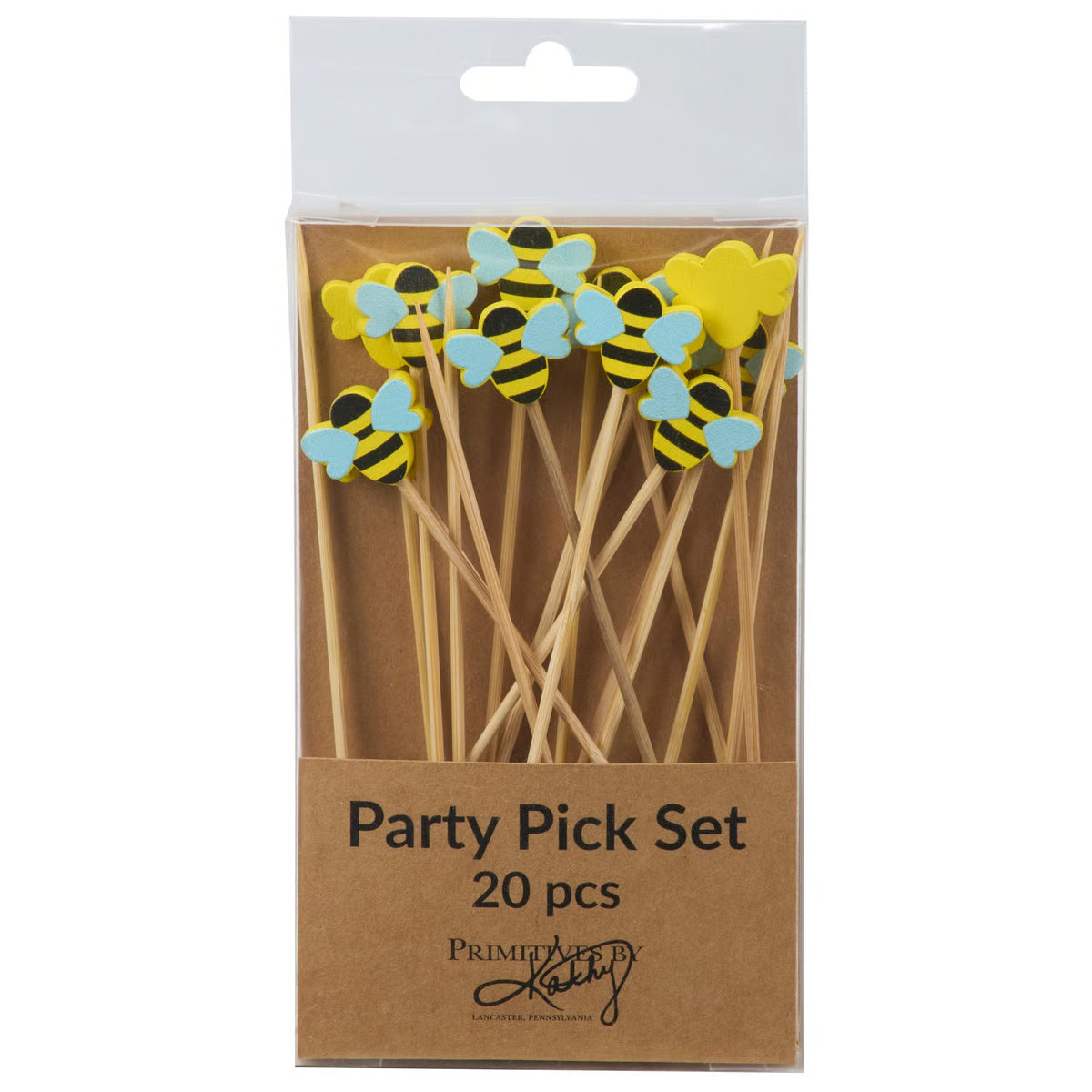 Packaged party pick set with bee designs on wooden toothpicks, brand visible.
