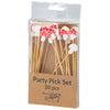 Packaged set of party picks with mushroom design on wooden sticks, brand visible.