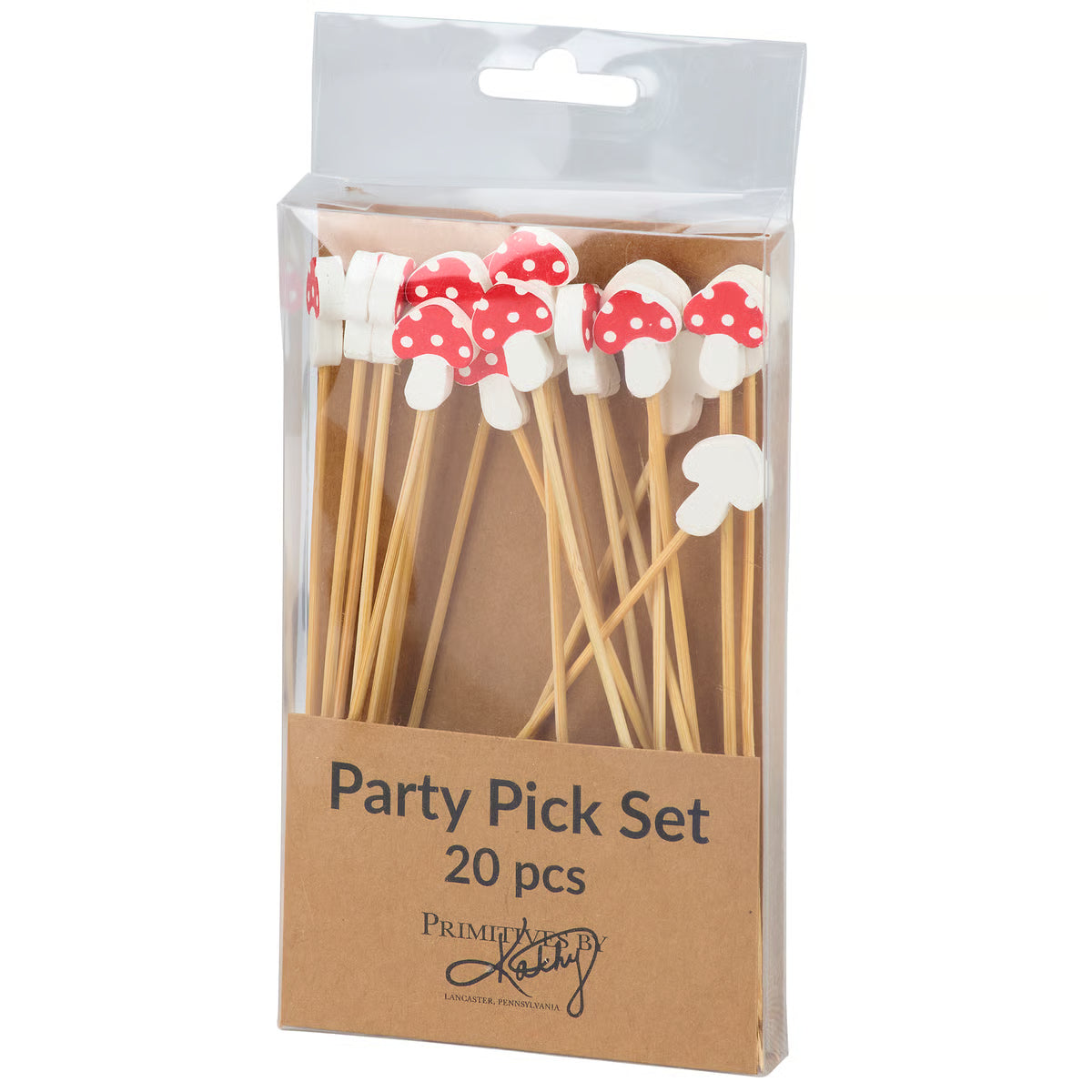 Packaged set of party picks with mushroom design on wooden sticks, brand visible.