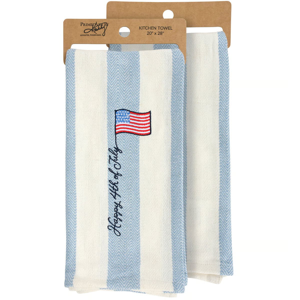 Packaged kitchen towel with American flag and 'Happy 4th of July' text on a white background