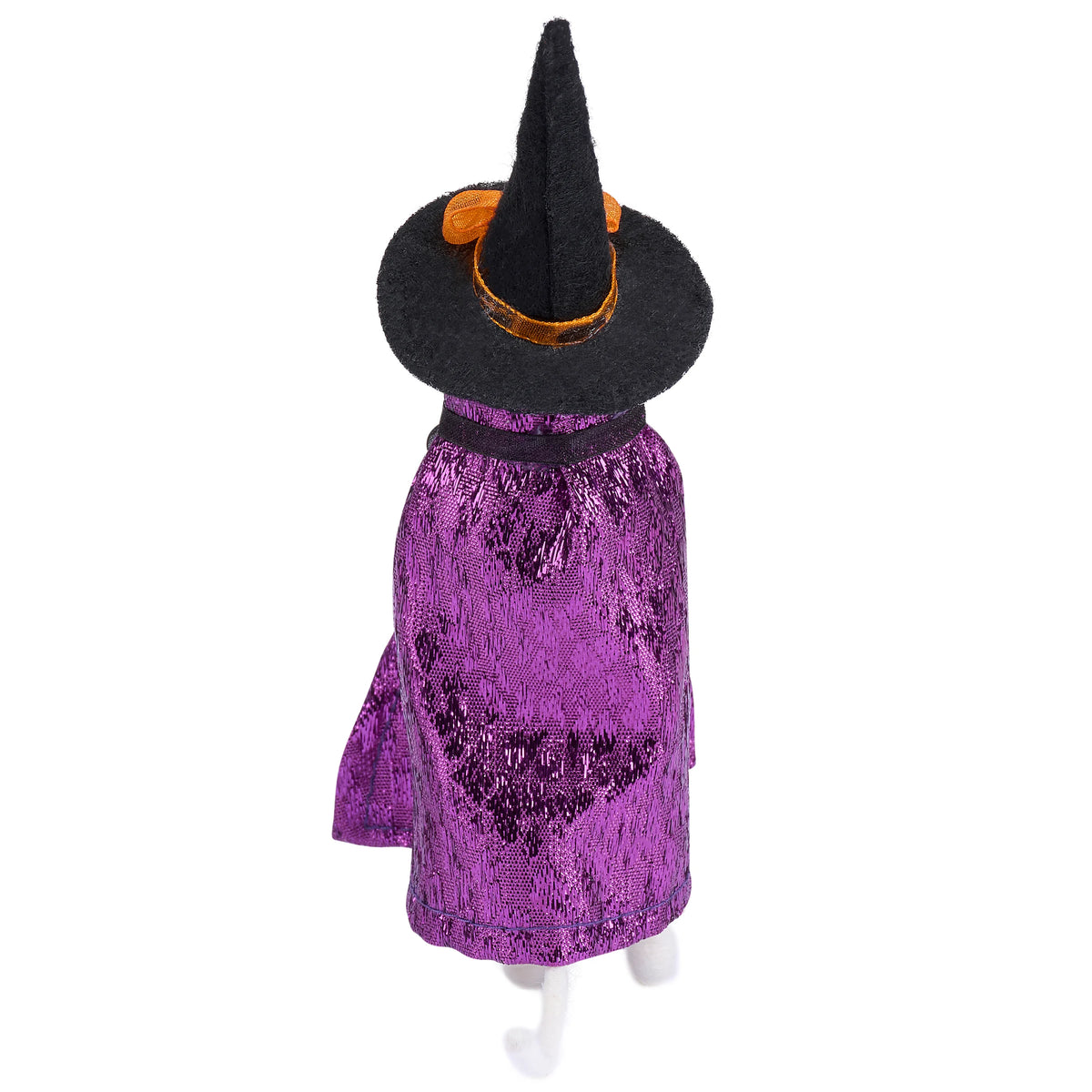 Halloween-themed plush toy with a witch hat, and purple cape, on a white background.