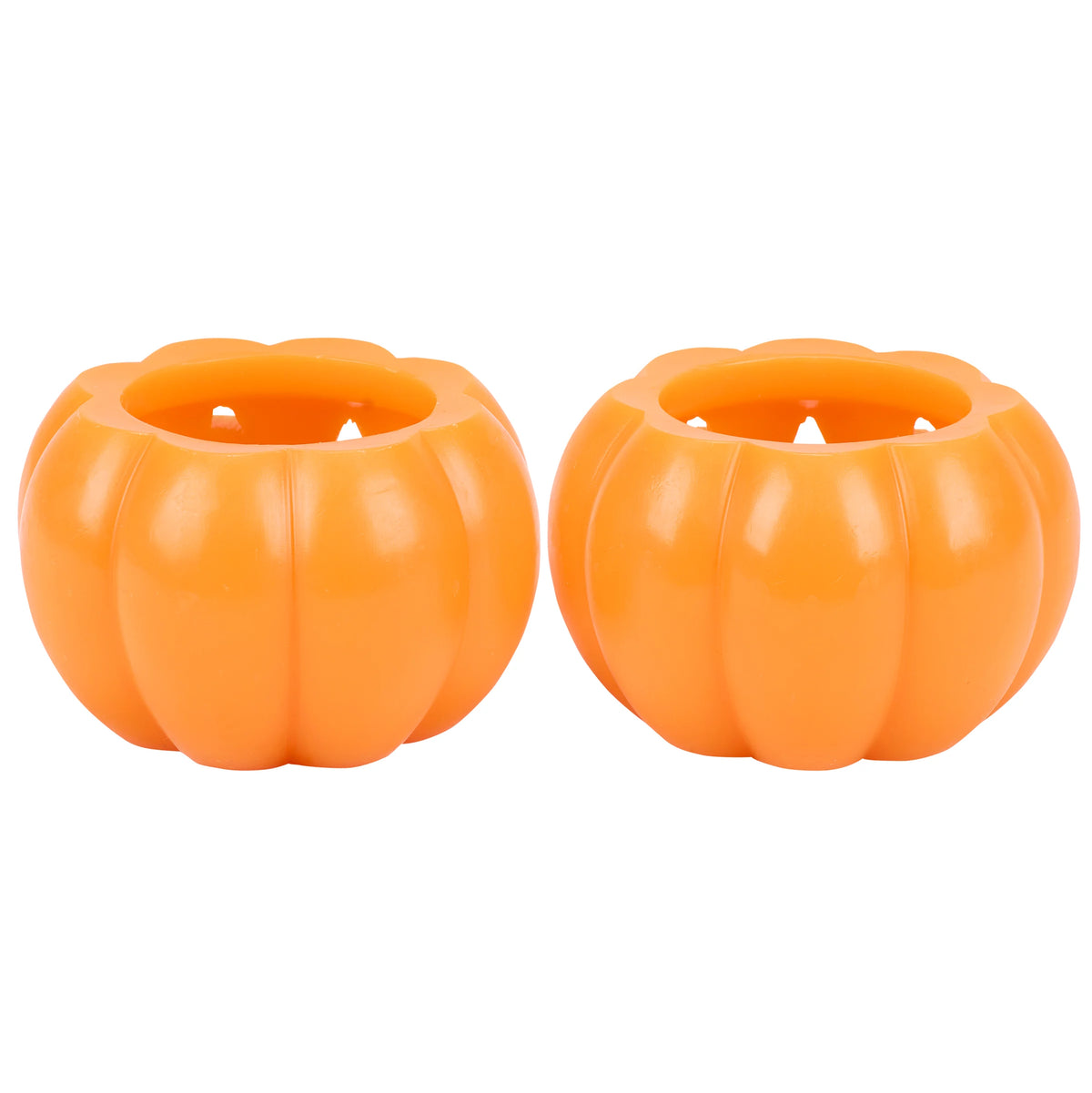 Two small orange pumpkin-shaped candle holders with a ribbed design, shown side by side on a plain white background.