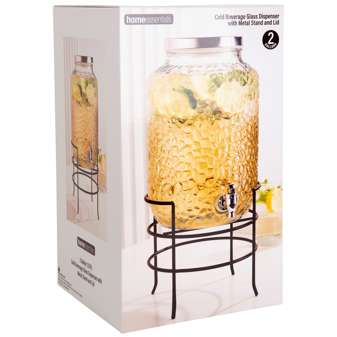 2 Gallon Pebbled Glass Beverage Dispenser with Metal Stand and Lid