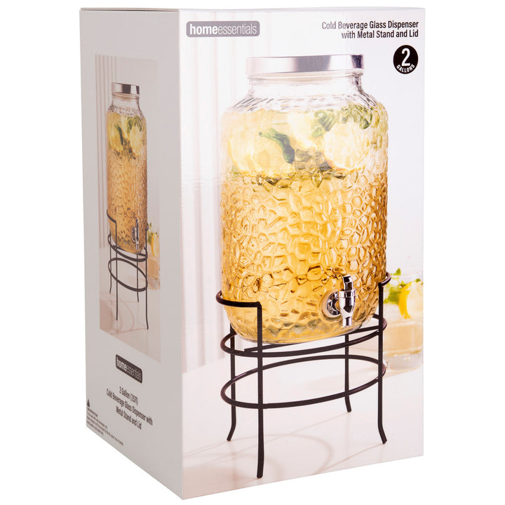 2 Gallon Pebbled Glass Beverage Dispenser with Metal Stand and Lid