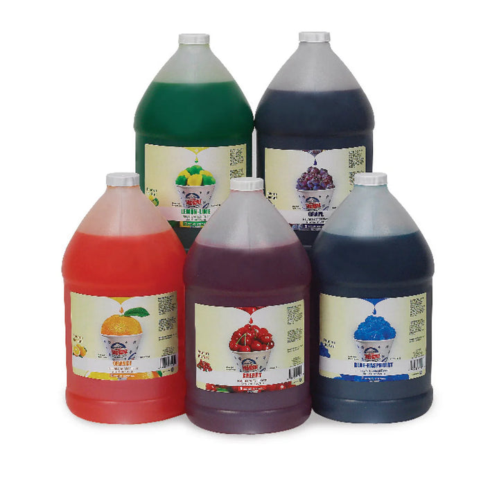 Gallon size bottles of snow cone flavoring in multiple flavors on a white background