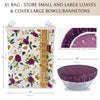 Floral-patterned XL bag with dimensions and a purple bowl cover on a bowl.